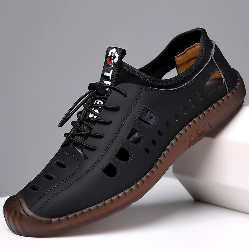Men's Sandals Hollow Leather Soft Bottom Hole Shoes - Image 3