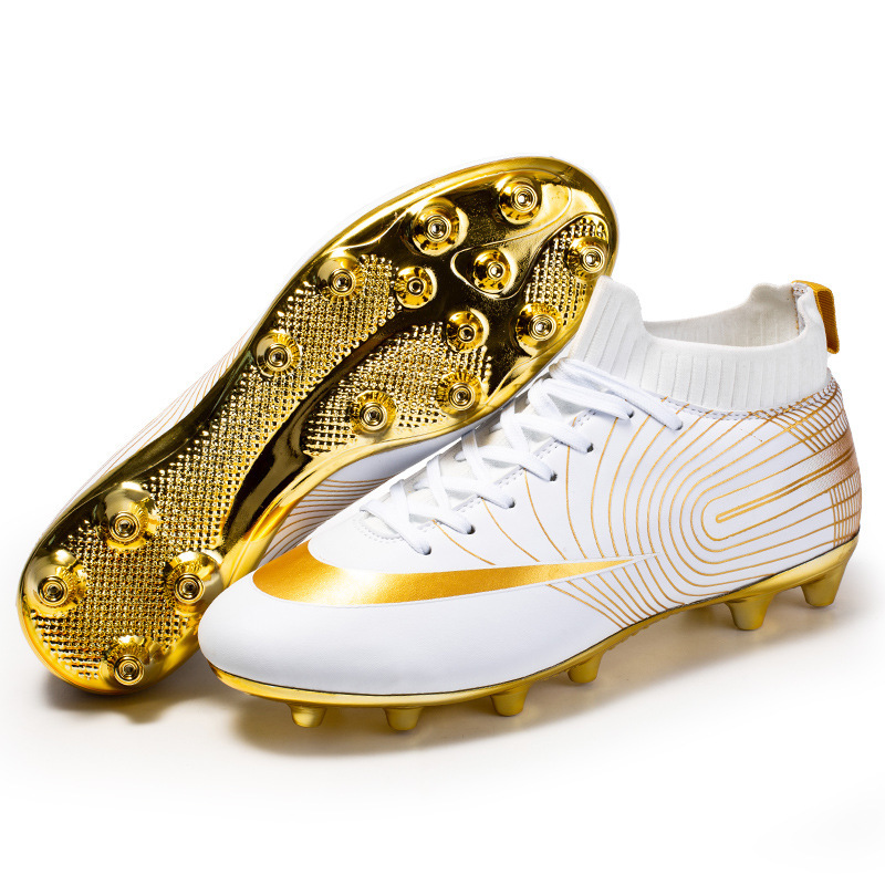 High Top Football Shoes With Long, Broken Nails And Gold Soles On Grass - Image 4