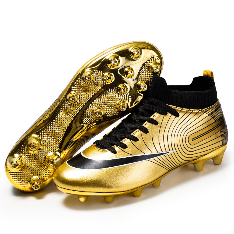 High Top Football Shoes With Long, Broken Nails And Gold Soles On Grass - Image 3
