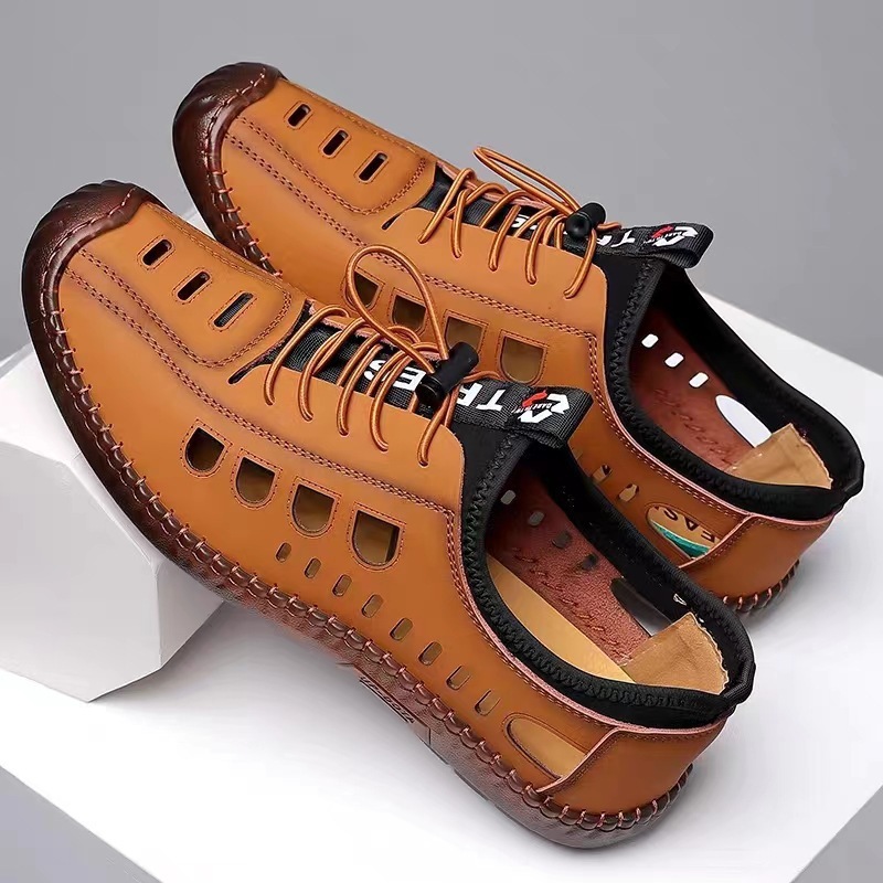 Men's Sandals Hollow Leather Soft Bottom Hole Shoes - Image 2